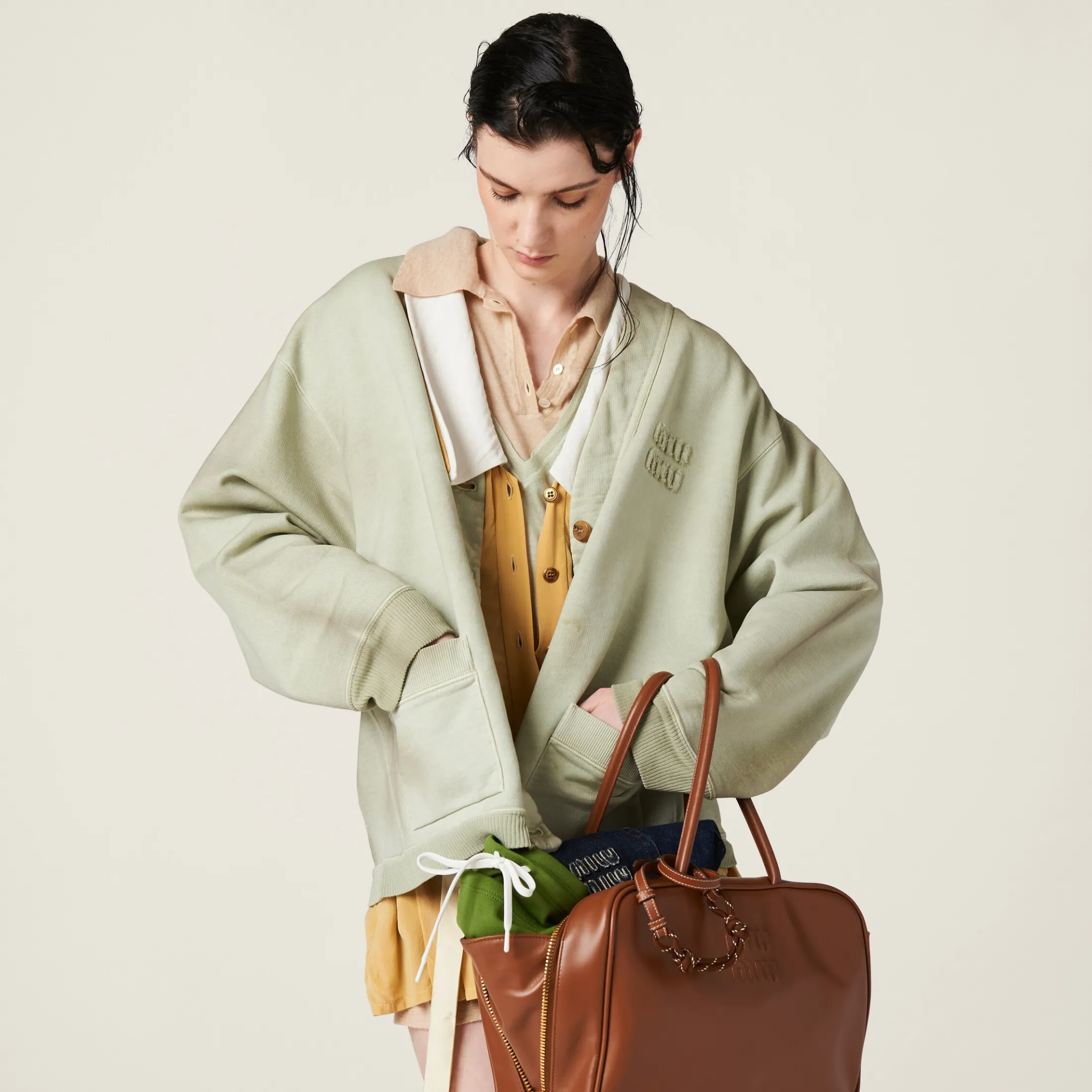 Agave Garment-dyed Cotton Fleece Cardigan | Miu Miu
