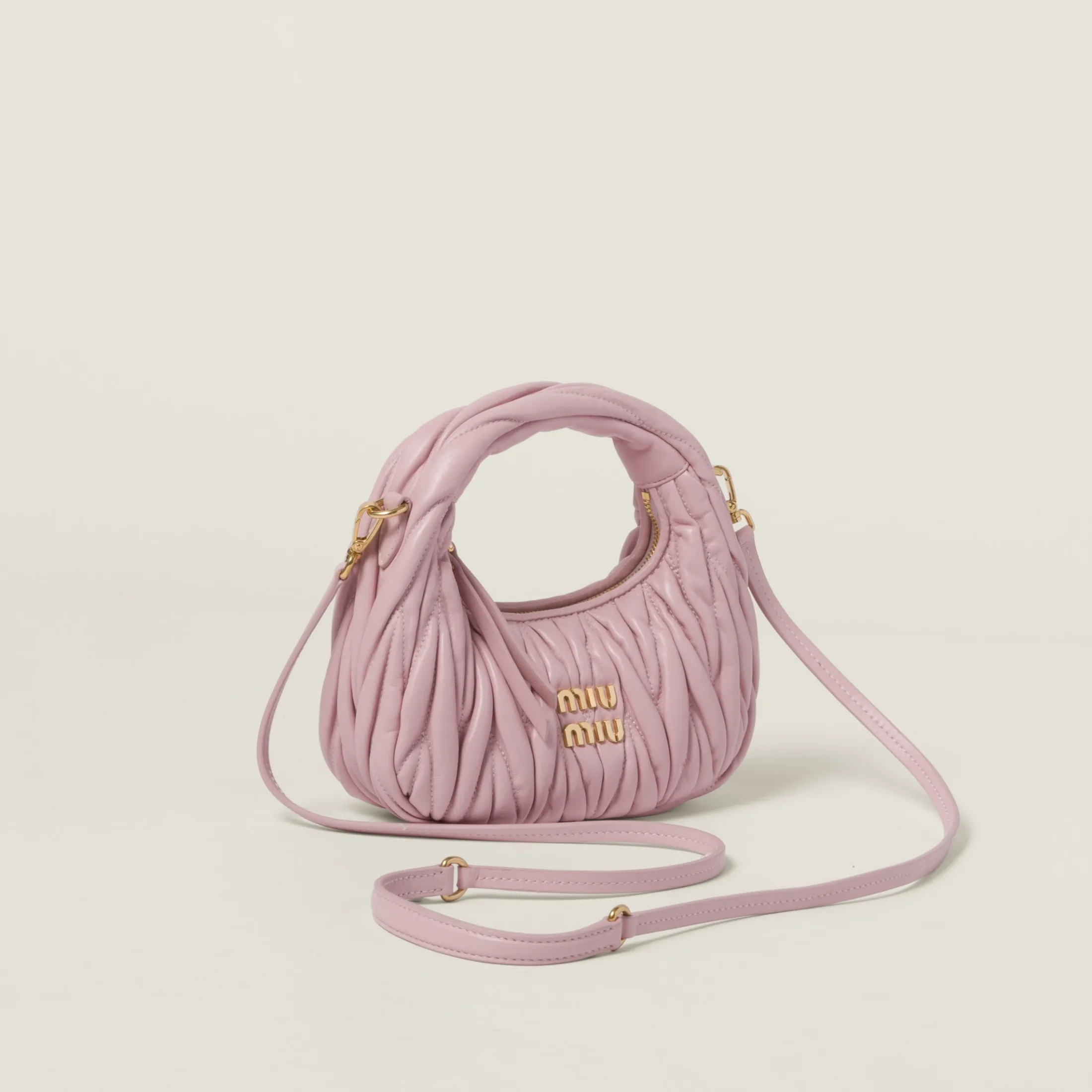 Alabaster Pink Wander Matelassé Nappa Leather Hobo Mini-bag | Miu Miu