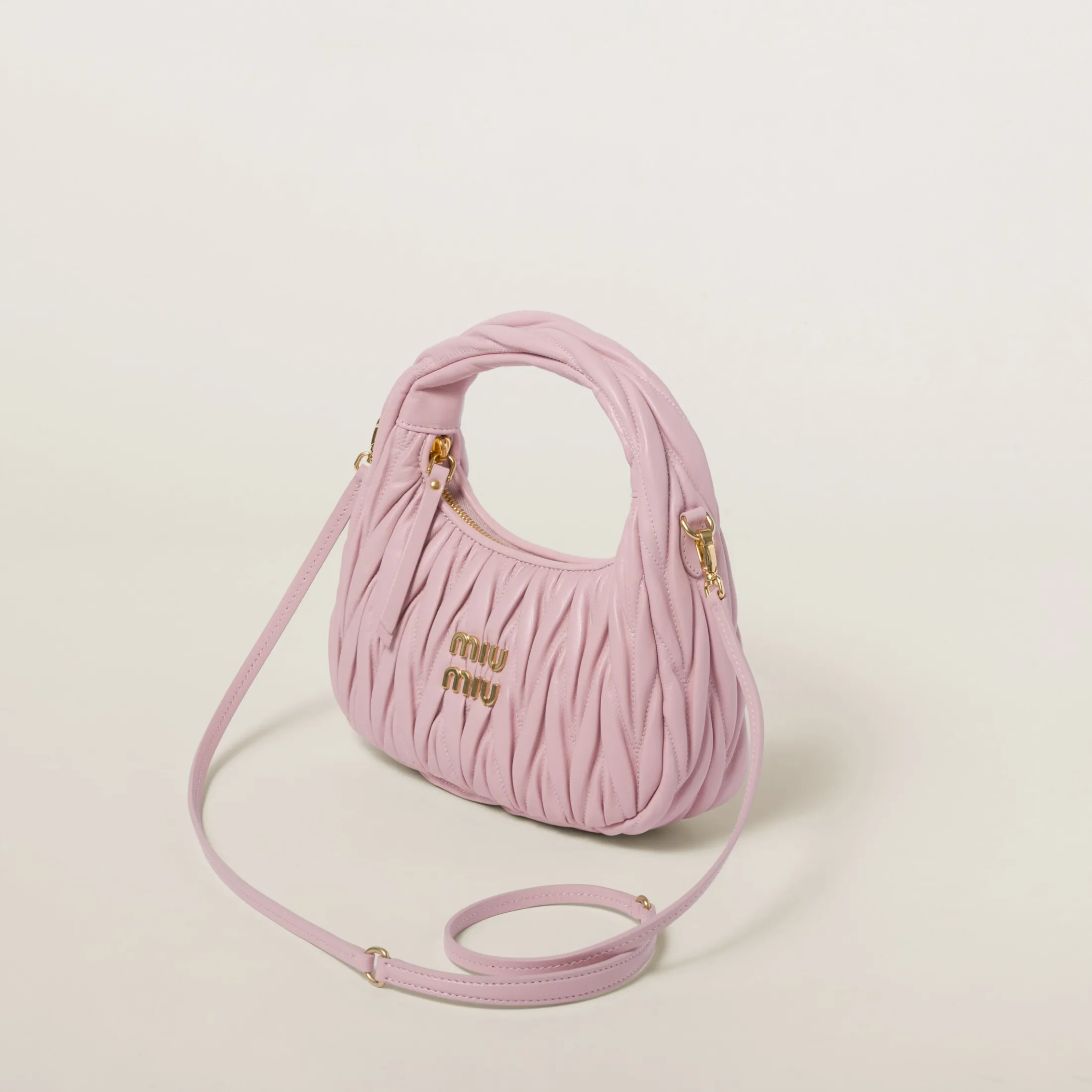 Alabaster Pink Wander Matelassé Nappa Leather Hobo Bag | Miu Miu