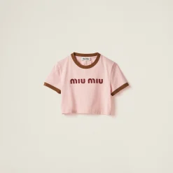 Alabaster Pink/military Green Embroidered Cotton Jersey T-shirt | Miu Miu