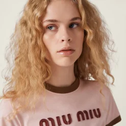 Alabaster Pink/military Green Embroidered Cotton Jersey T-shirt | Miu Miu