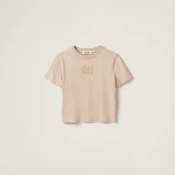 Albino White Garment-dyed Jersey T-shirt With Embroidered Logo | Miu Miu