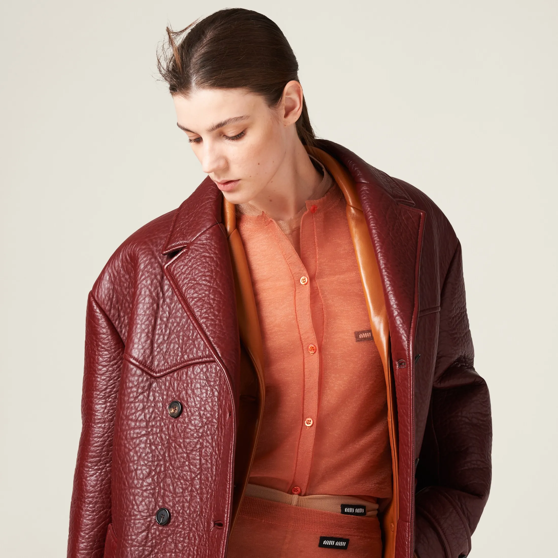 Amaranth Red/maize Yellow Double-breasted Nappa Leather Jacket | Miu Miu