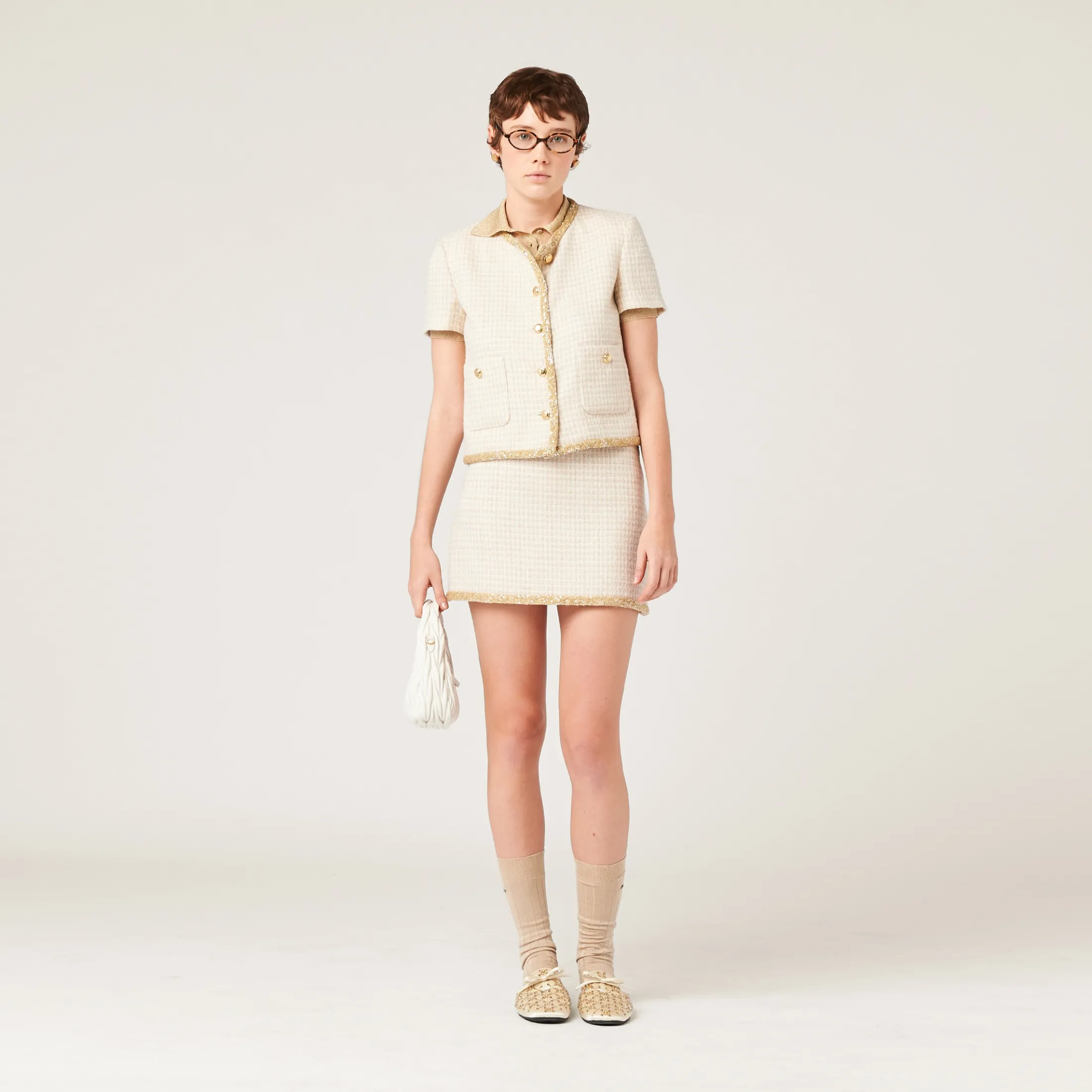 Avory/albino White Check Lamé Miniskirt | Miu Miu