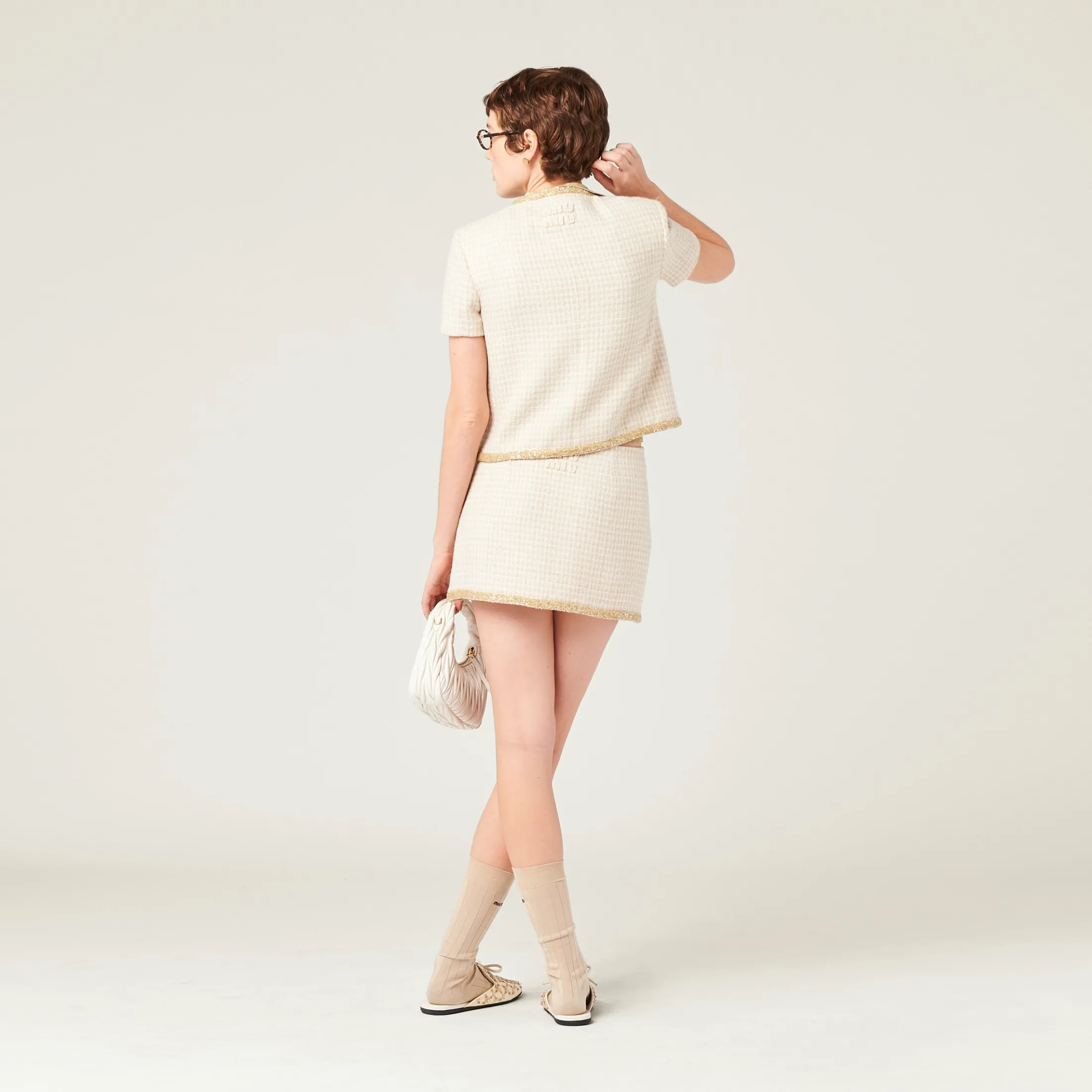 Avory/albino White Check Lamé Miniskirt | Miu Miu