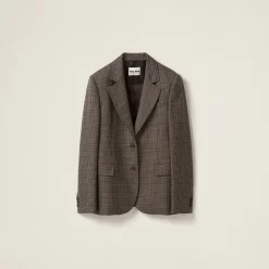 Bark Brown Single-breasted Prince Of Wales Check Jacket | Miu Miu
