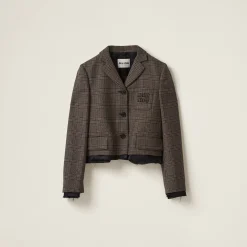 Bark Brown Single-breasted Prince Of Wales Check Jacket | Miu Miu