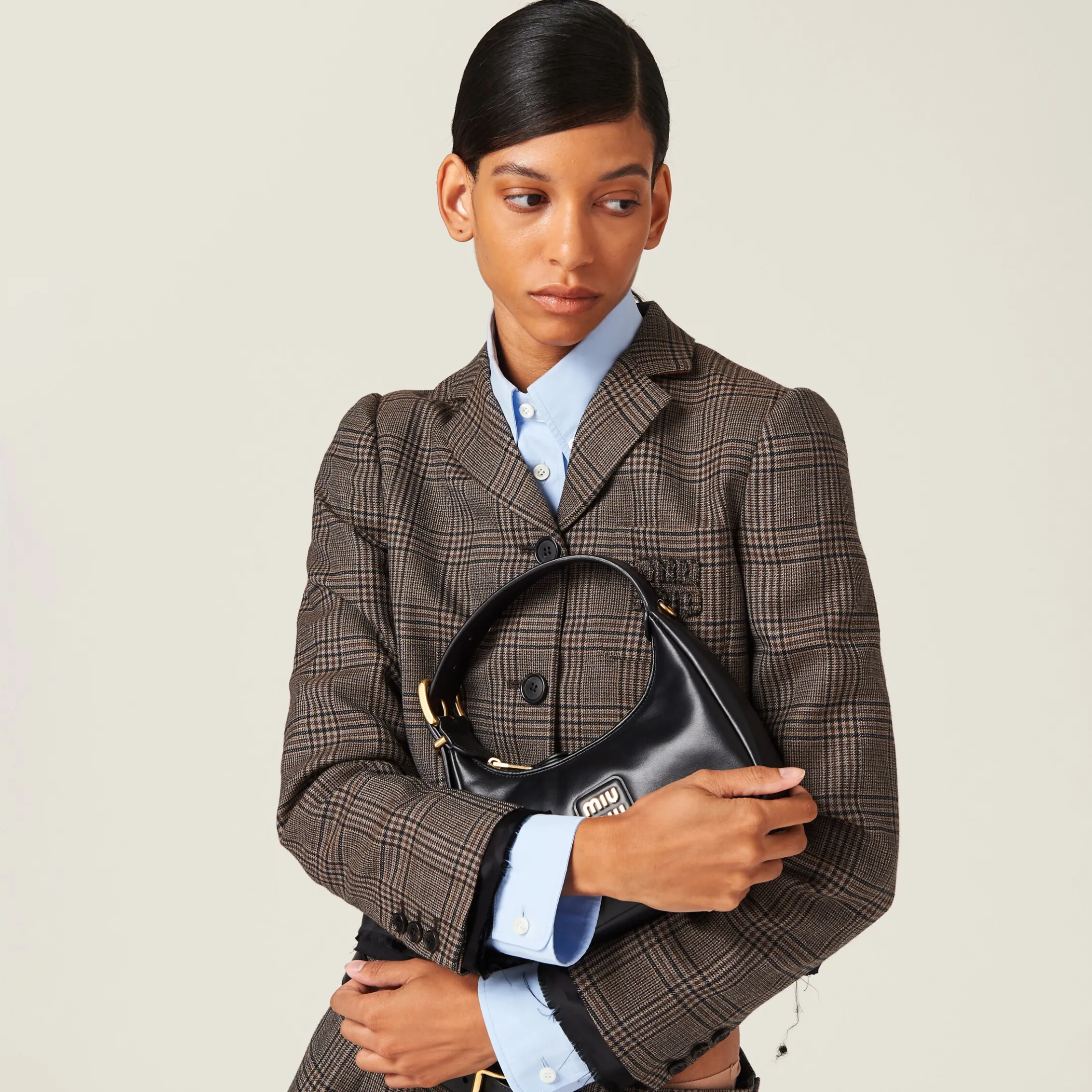 Bark Brown Single-breasted Prince Of Wales Check Jacket | Miu Miu