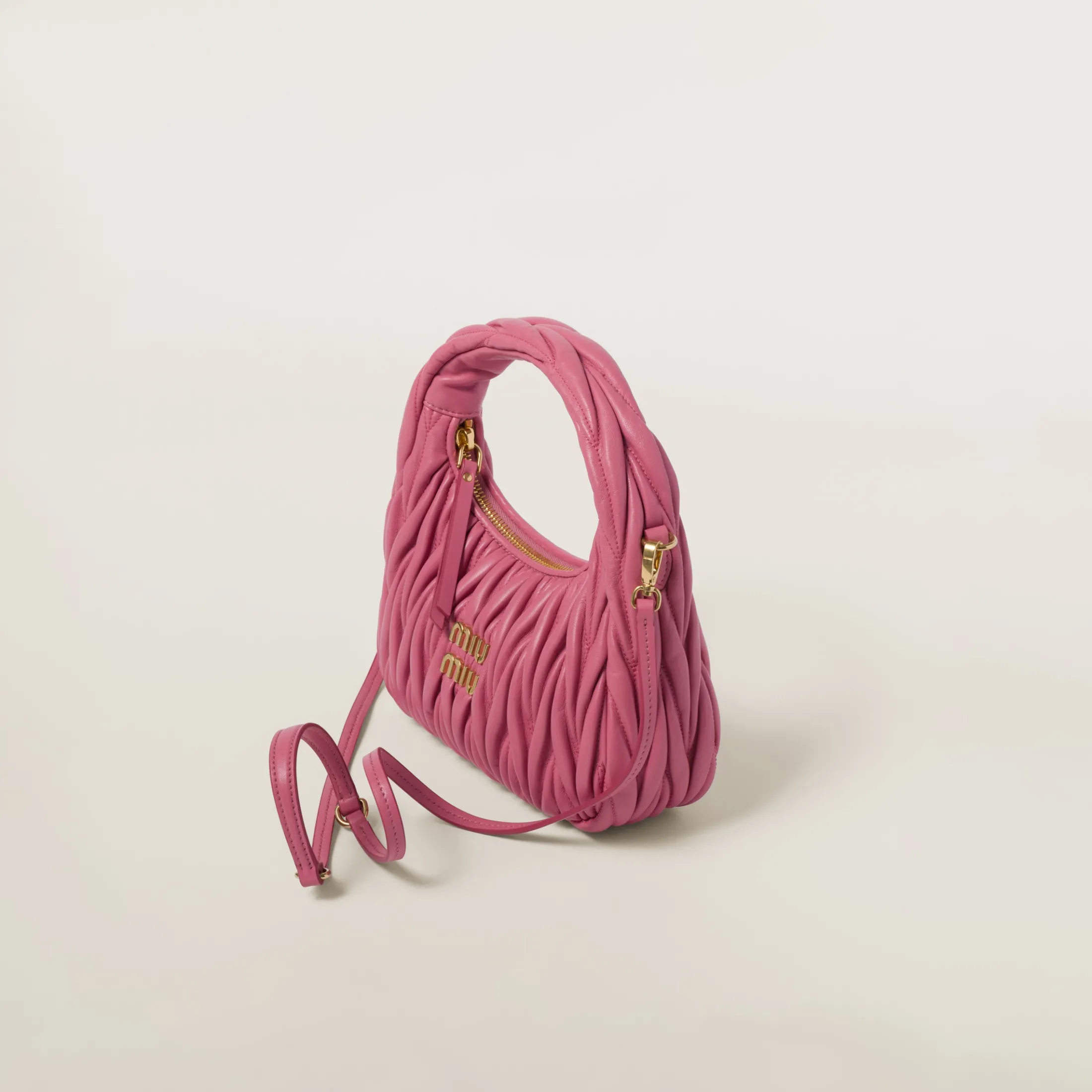 Begonia Pink Wander Matelassé Nappa Leather Hobo Bag | Miu Miu