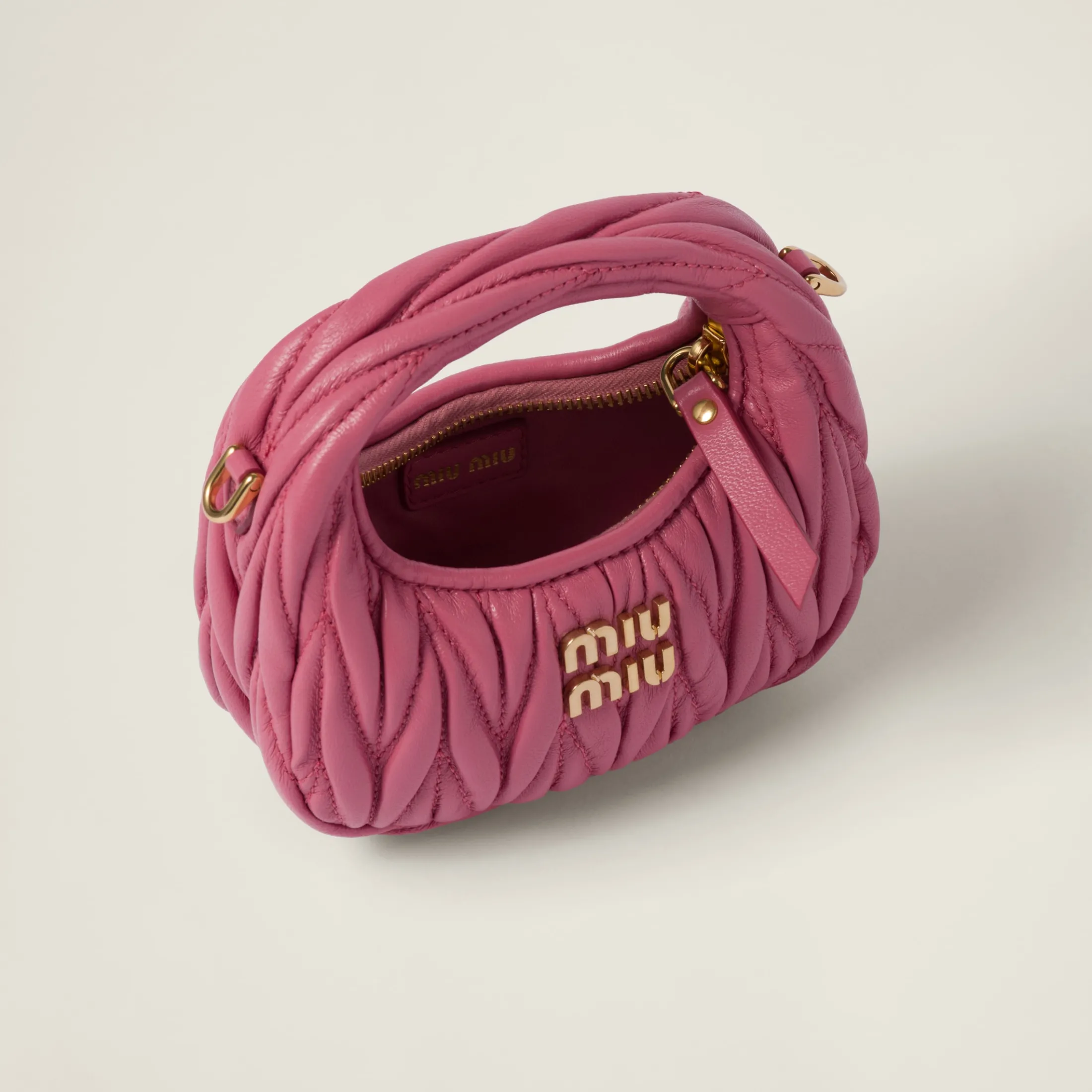 Begonia Pink Wander Matelassé Nappa Leather Micro Hobo Bag | Miu Miu
