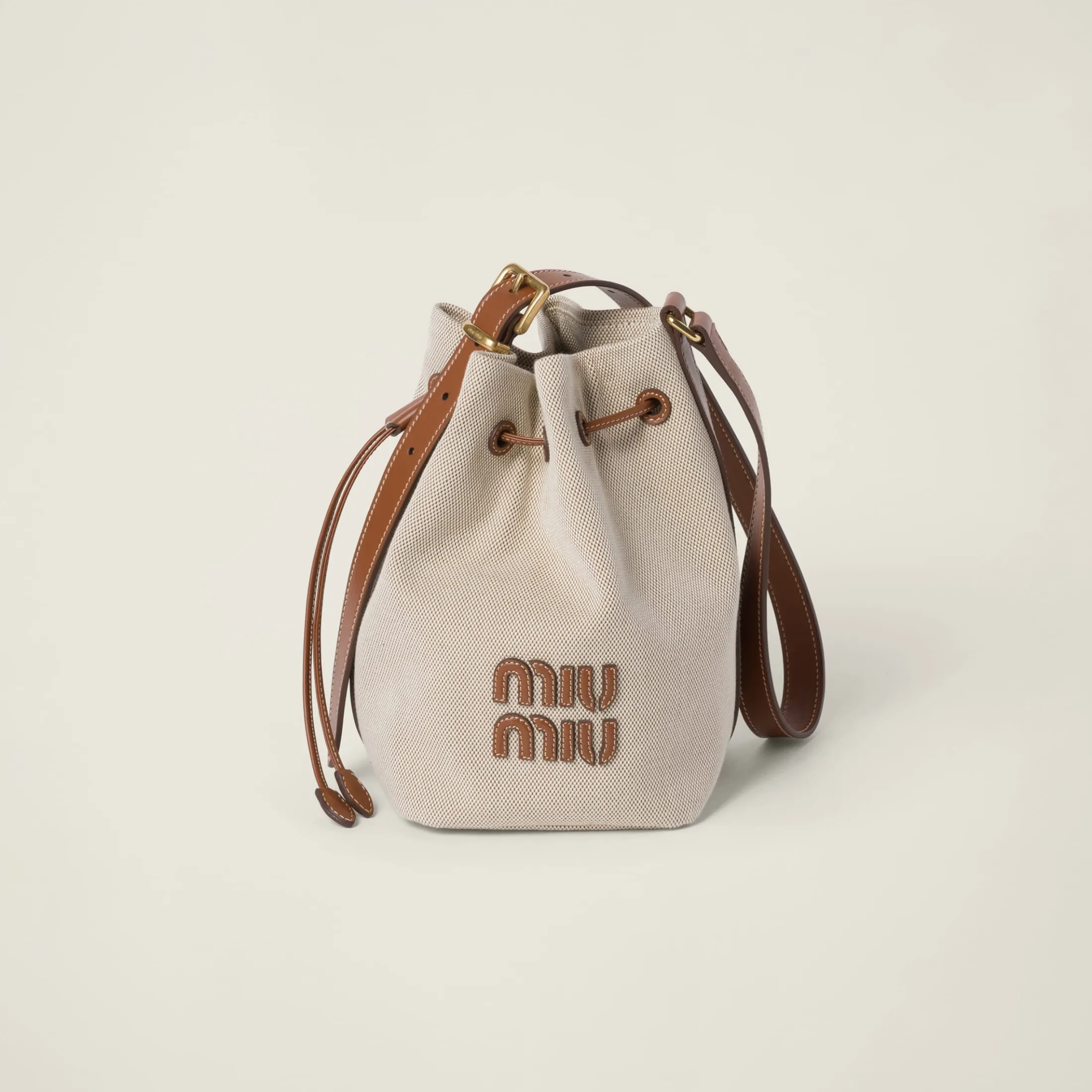 Beige/brandy Canvas And Leather Bucket Bag | Miu Miu