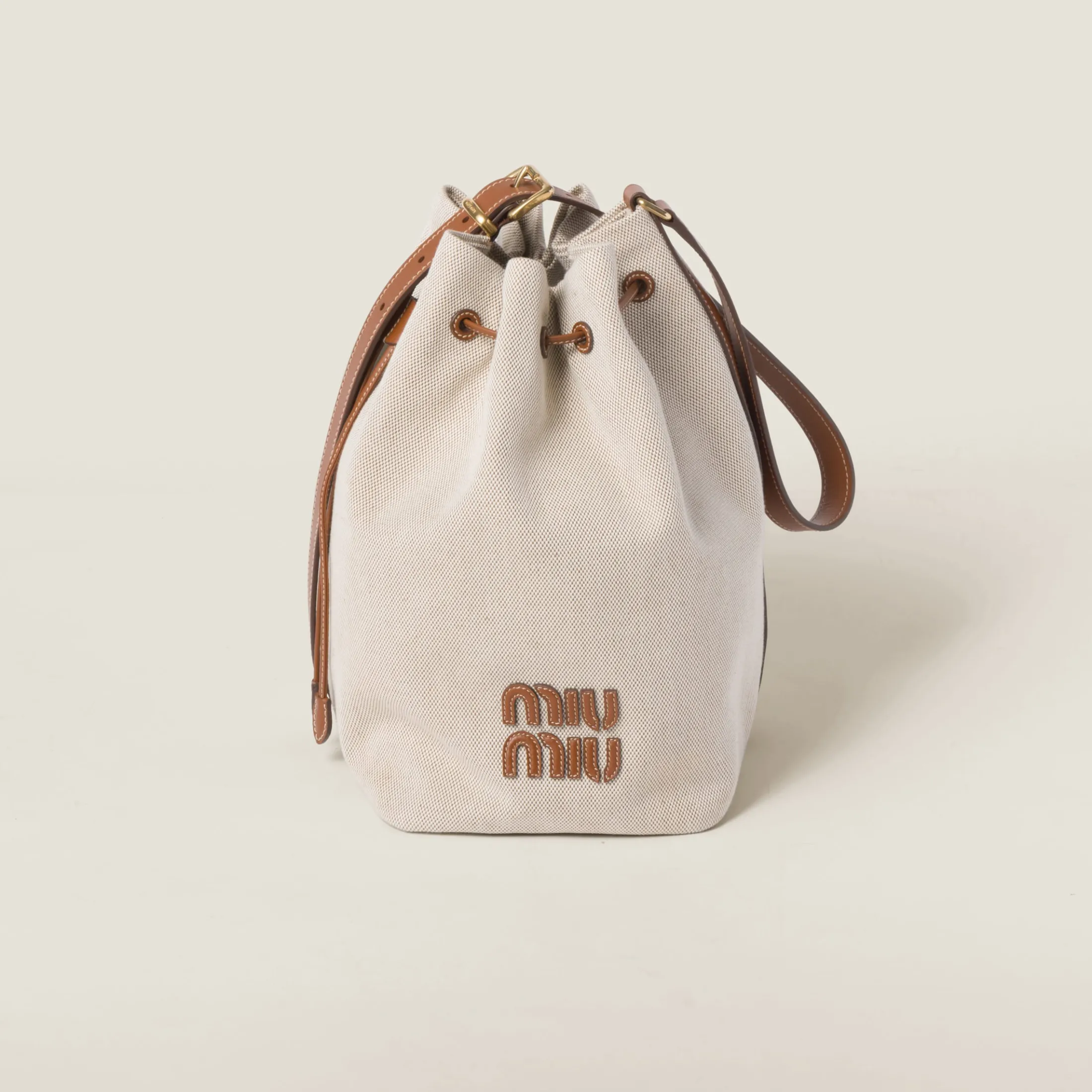 Beige/brandy Canvas And Leather Bucket Bag | Miu Miu