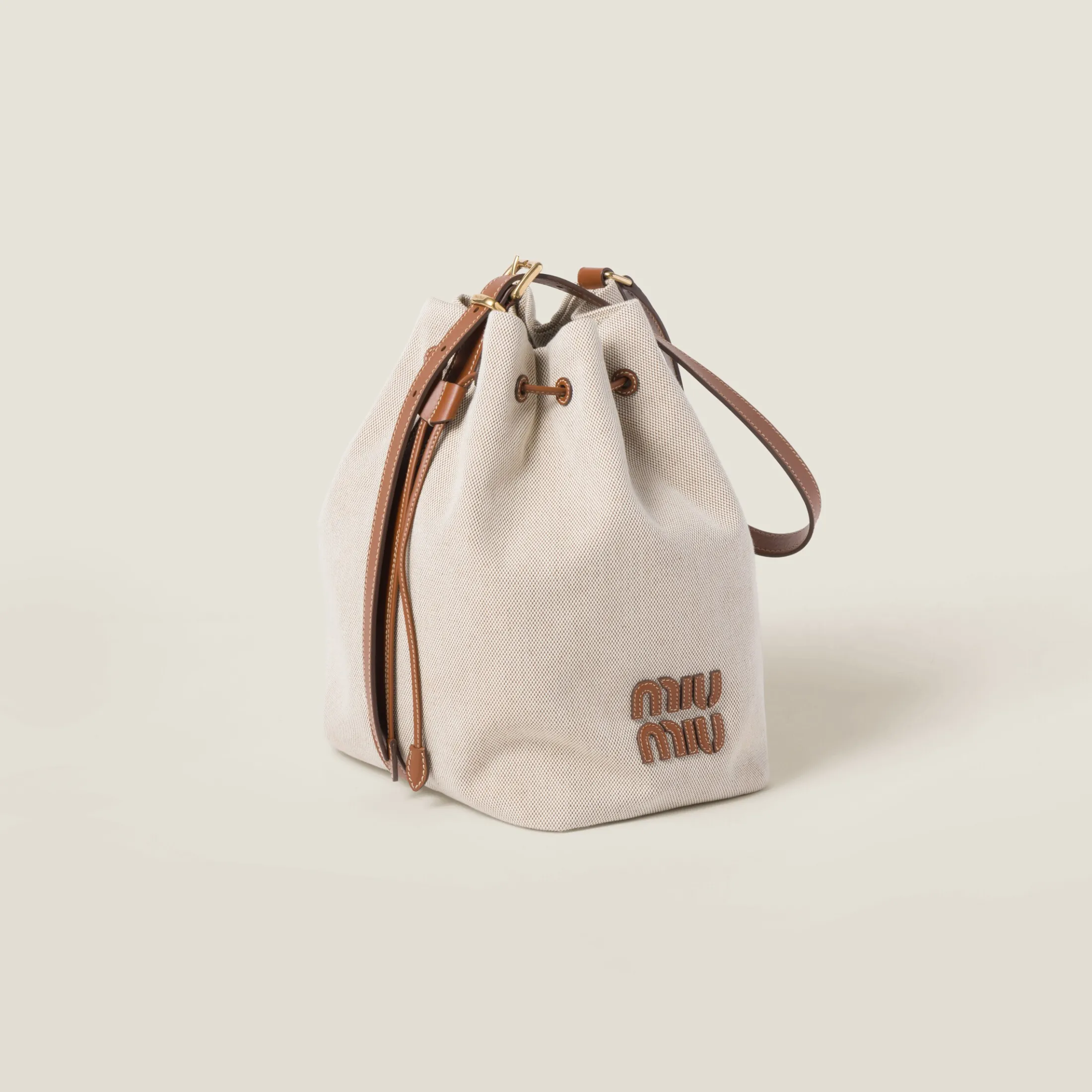 Beige/brandy Canvas And Leather Bucket Bag | Miu Miu