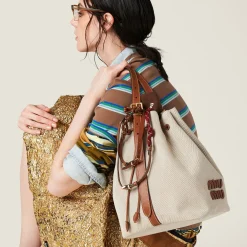 Beige/brandy Canvas And Leather Bucket Bag | Miu Miu