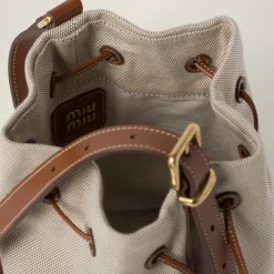 Beige/brandy Canvas And Leather Bucket Bag | Miu Miu