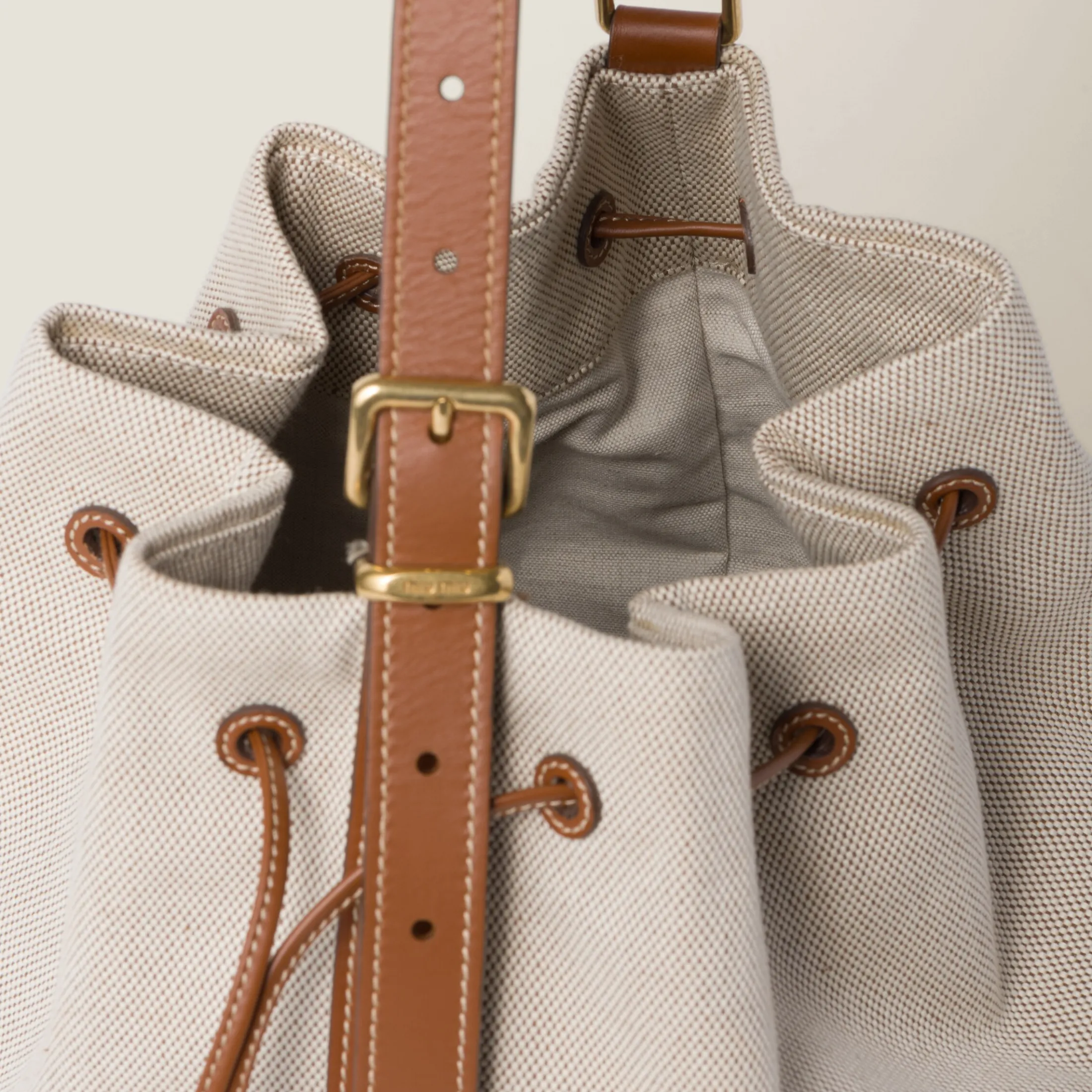 Beige/brandy Canvas And Leather Bucket Bag | Miu Miu