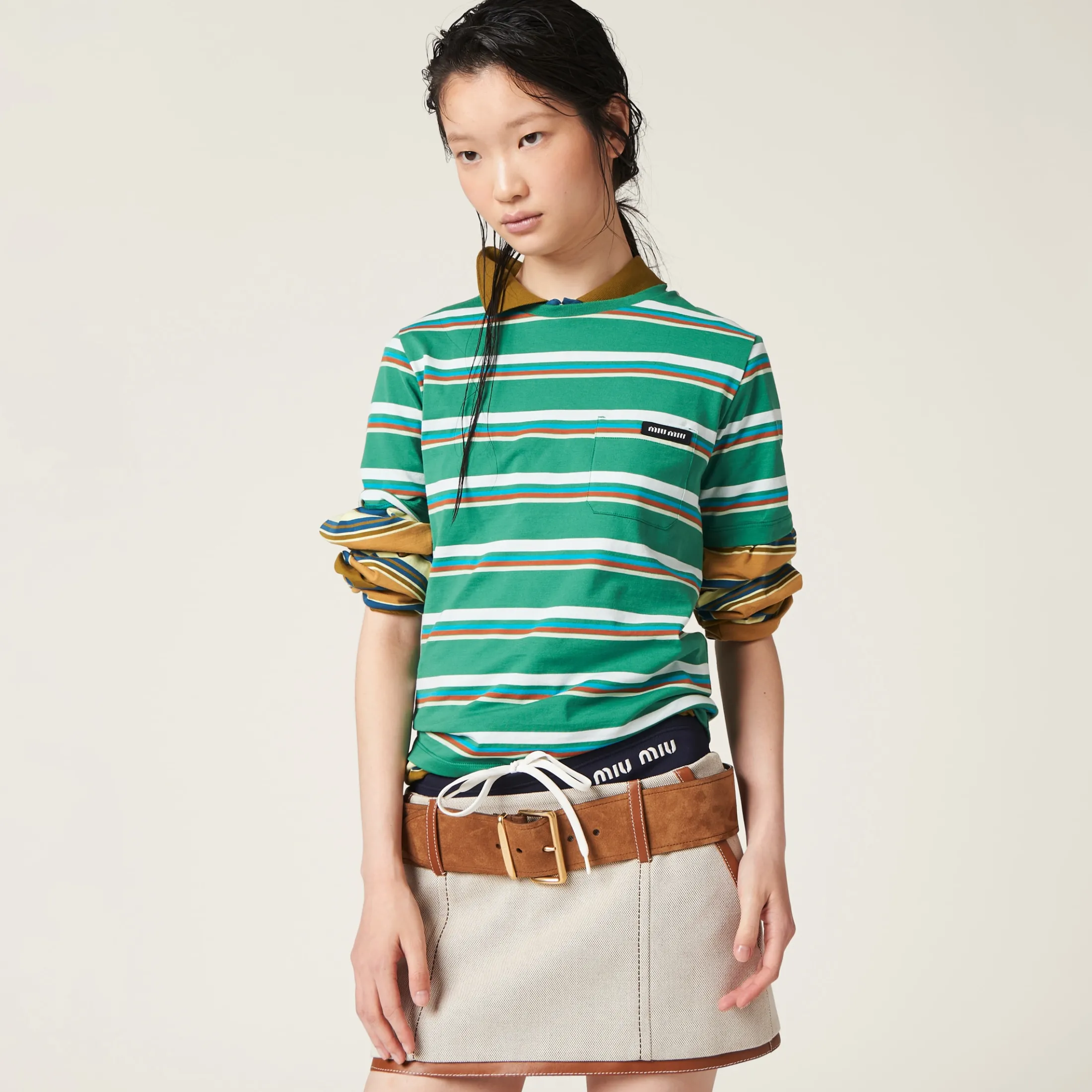 Beige/cognac Canvas Miniskirt | Miu Miu
