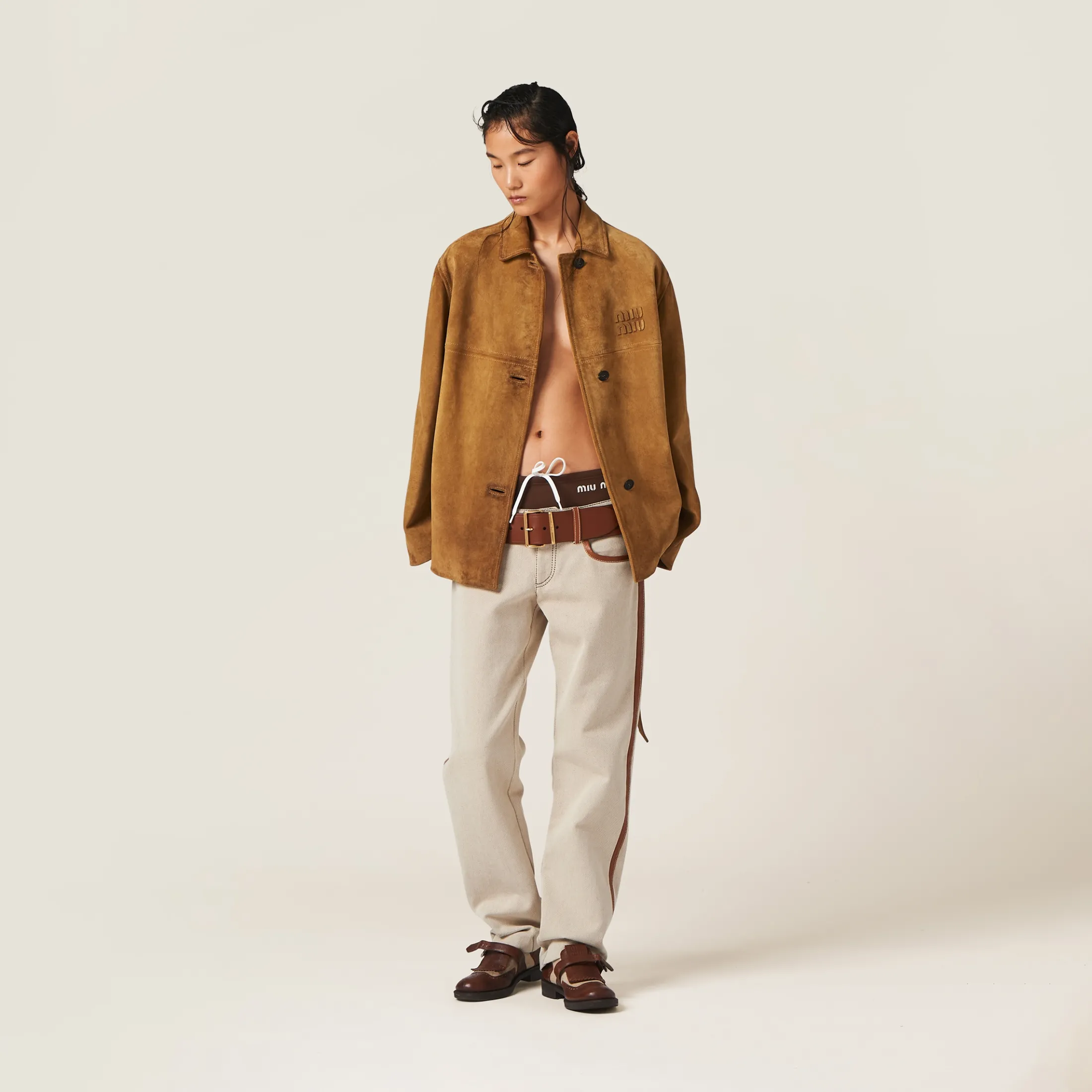Beige/cognac Canvas Pants | Miu Miu