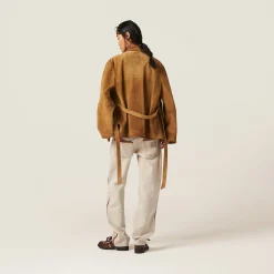 Beige/cognac Canvas Pants | Miu Miu