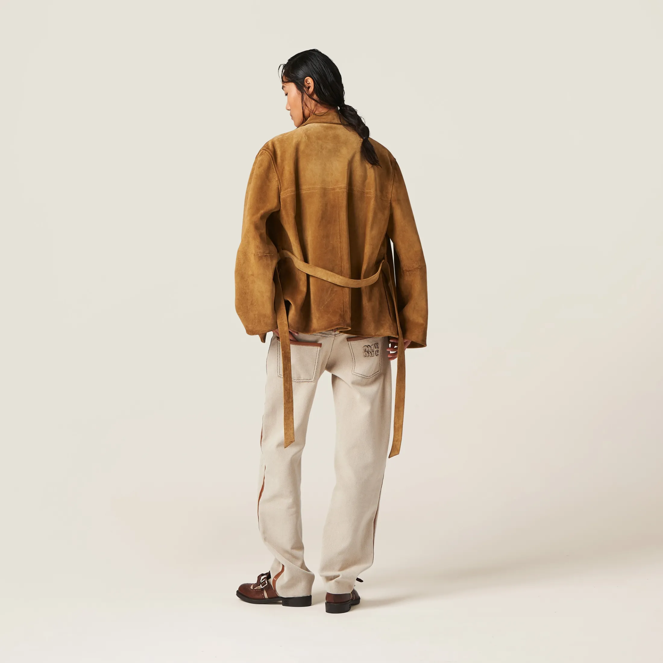 Beige/cognac Canvas Pants | Miu Miu