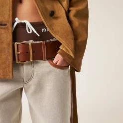 Beige/cognac Canvas Pants | Miu Miu