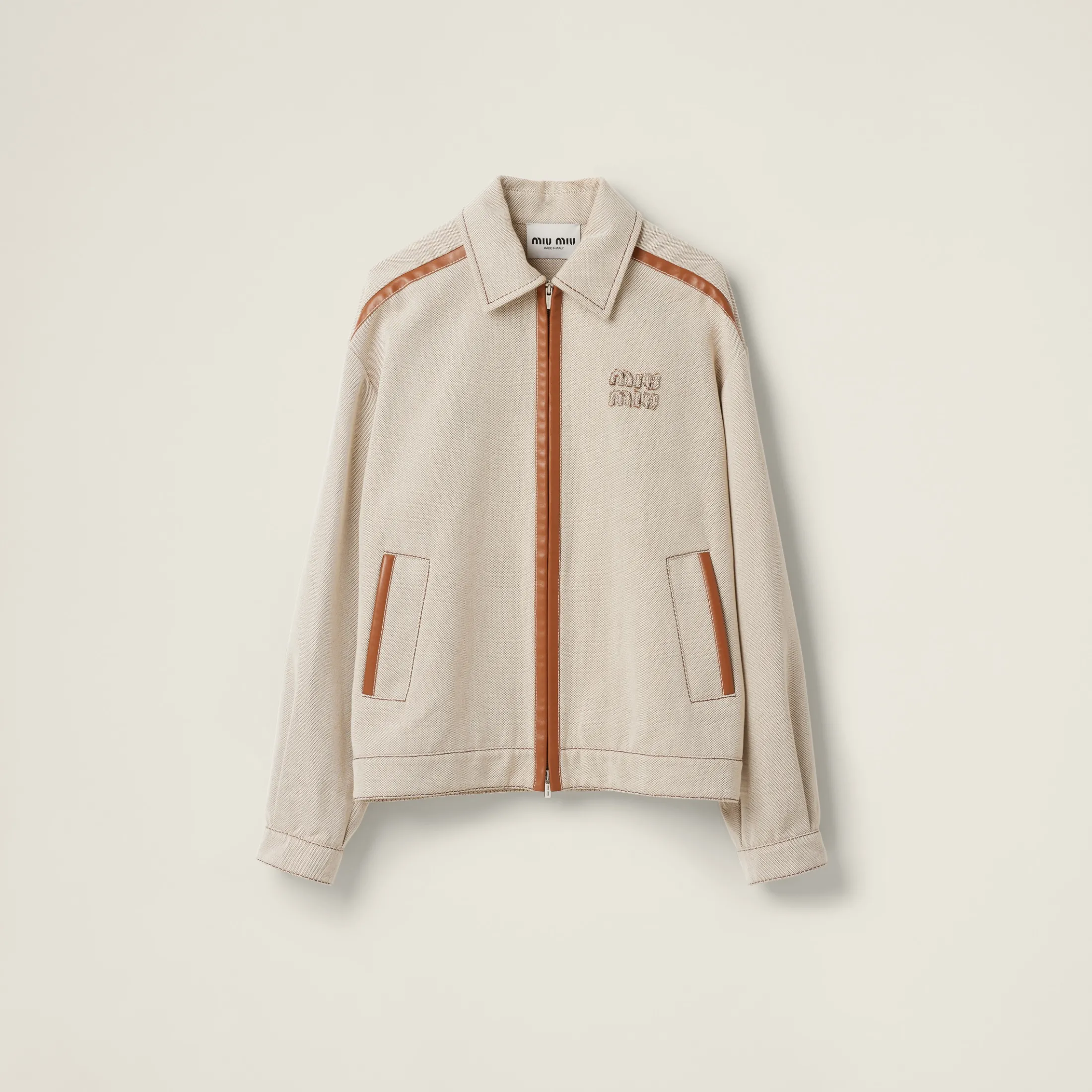 Beige/cognac Jacquard Canvas Blouson Jacket | Miu Miu