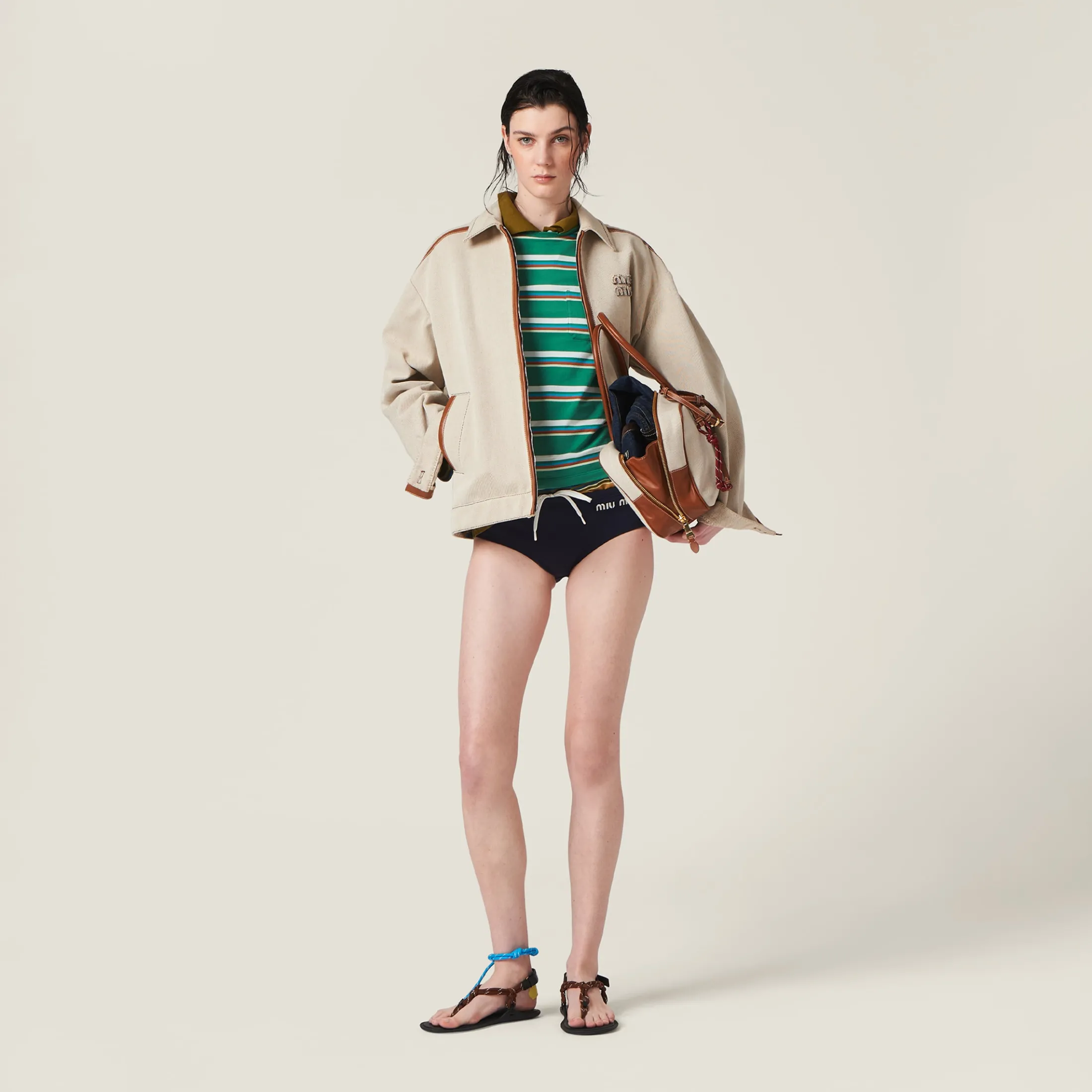 Beige/cognac Jacquard Canvas Blouson Jacket | Miu Miu
