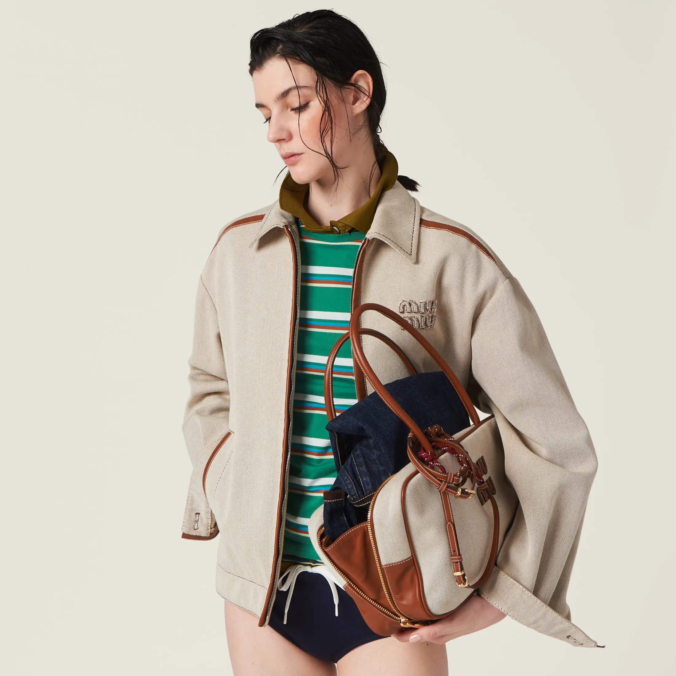 Beige/cognac Jacquard Canvas Blouson Jacket | Miu Miu