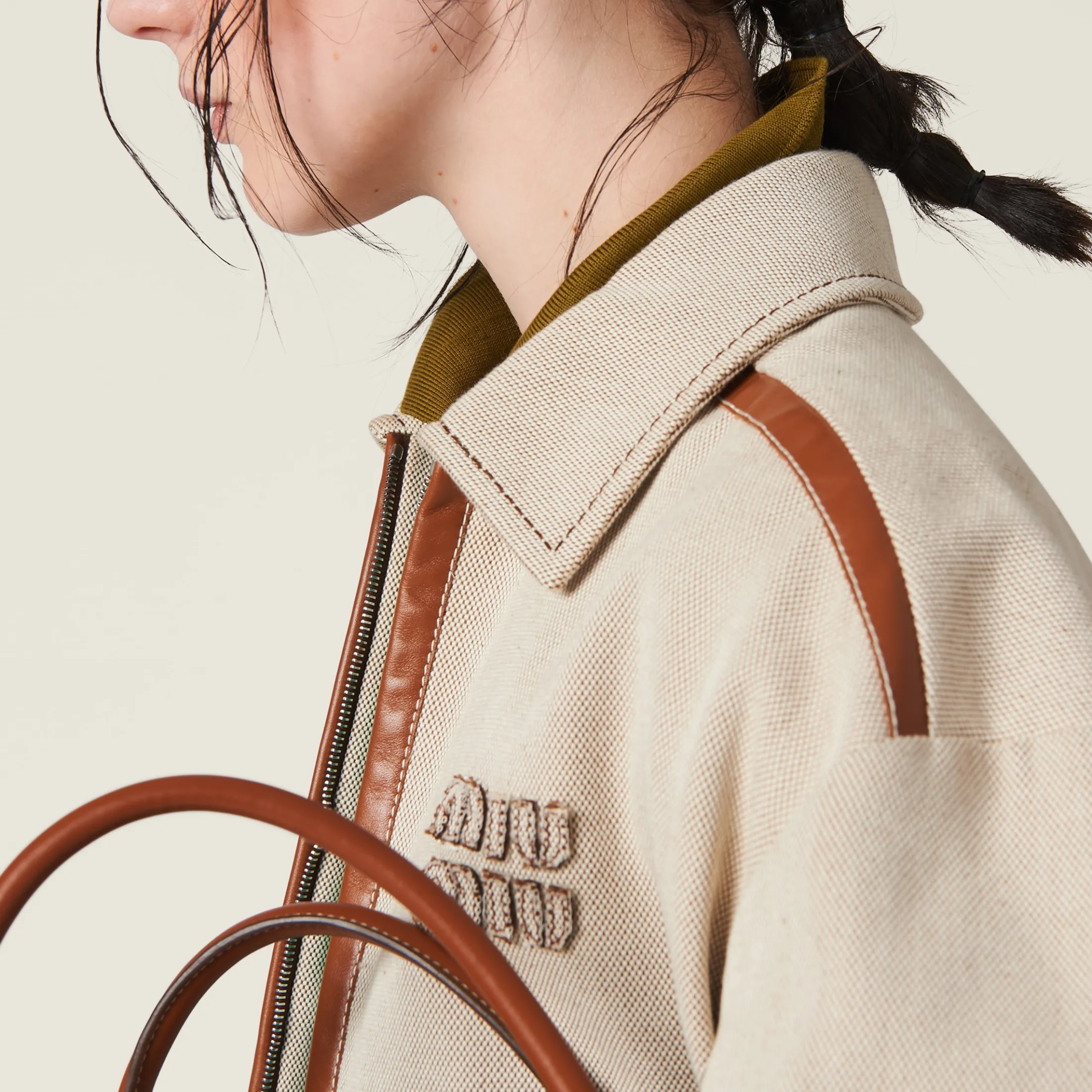 Beige/cognac Jacquard Canvas Blouson Jacket | Miu Miu