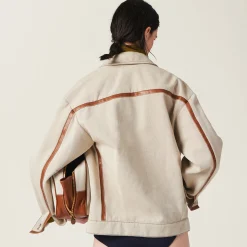 Beige/cognac Jacquard Canvas Blouson Jacket | Miu Miu