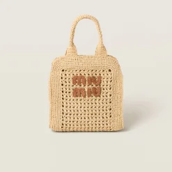 Beige/cognac Raffia-effect Crochet Fabric Tote Bag | Miu Miu