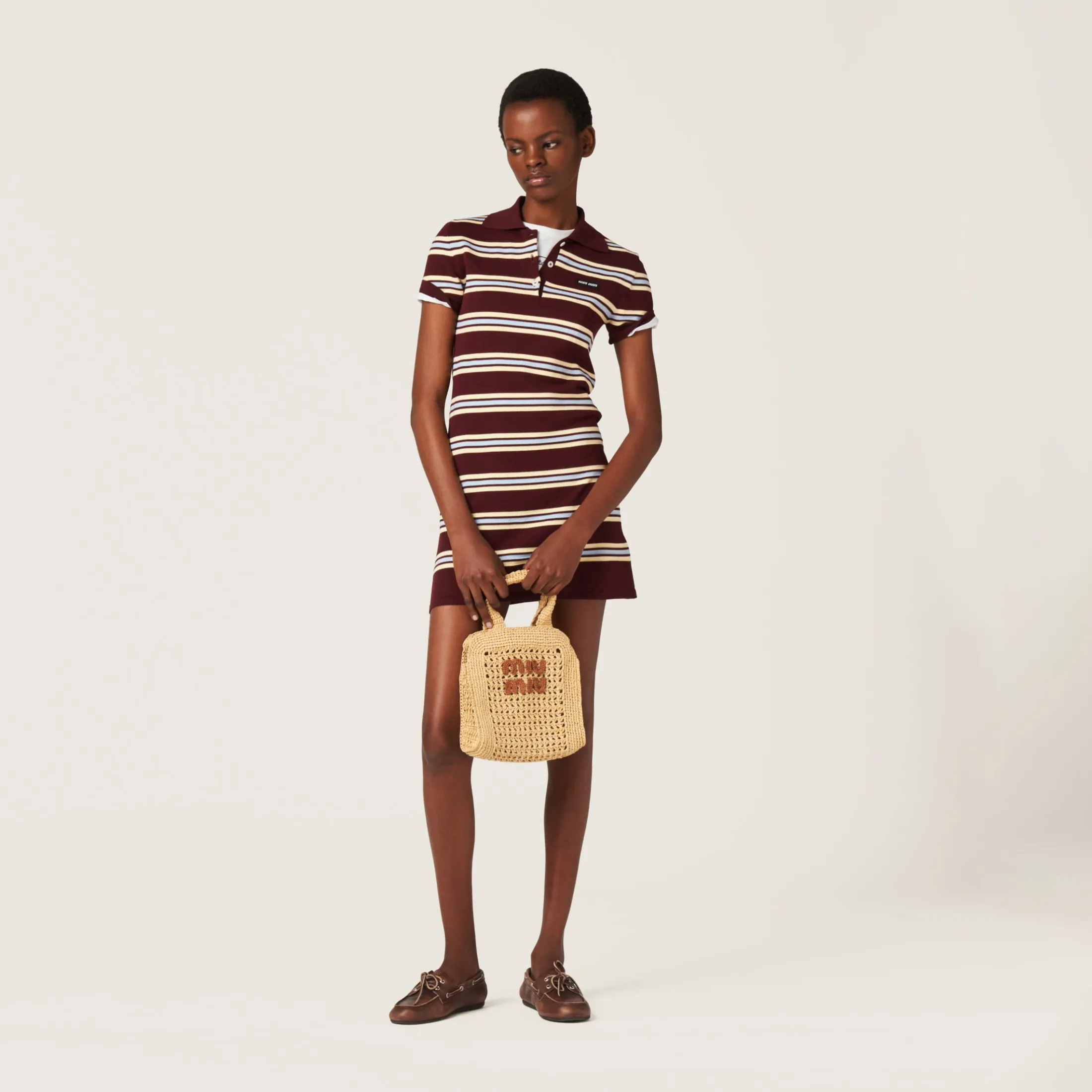 Beige/cognac Raffia-effect Crochet Fabric Tote Bag | Miu Miu