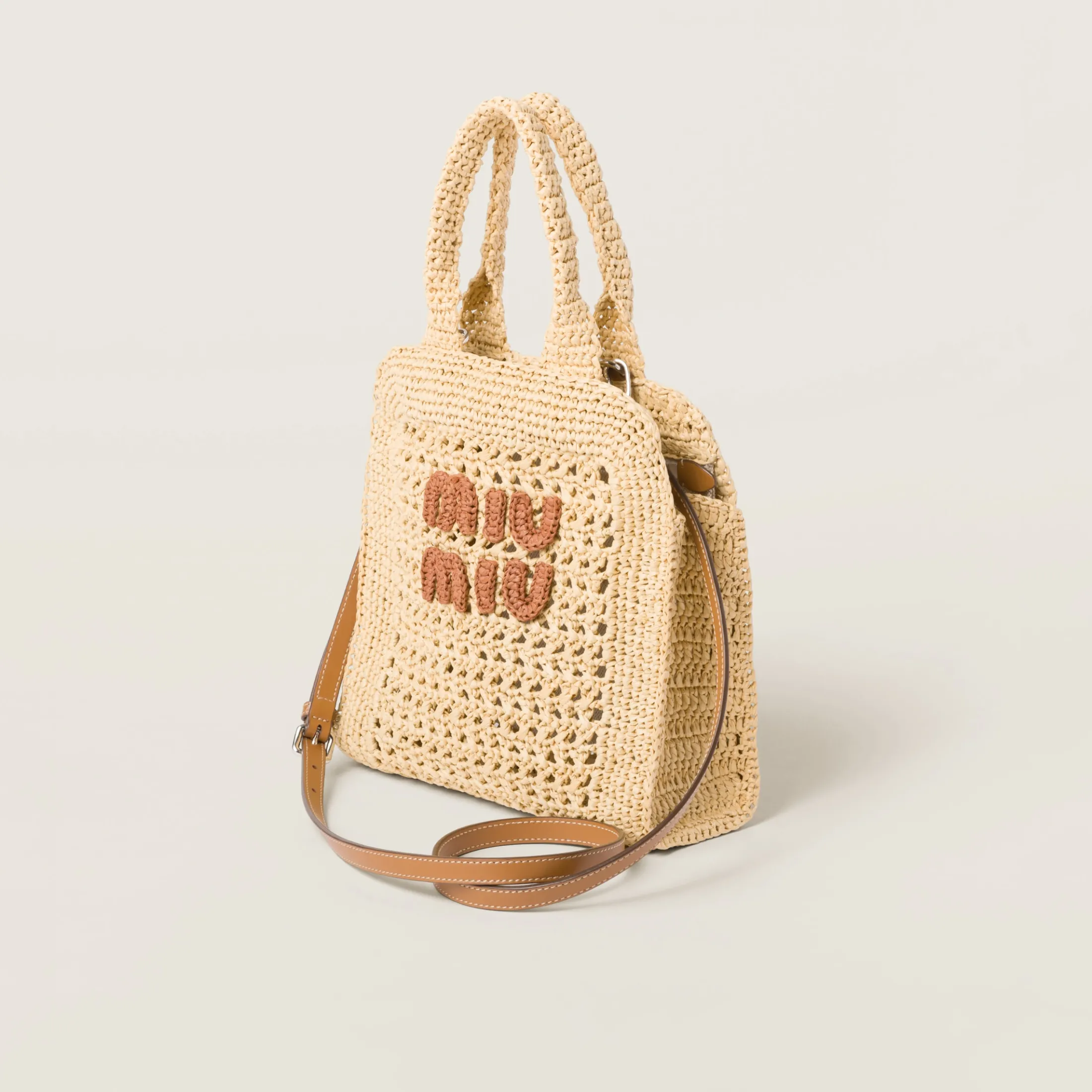 Beige/cognac Raffia-effect Crochet Fabric Tote Bag | Miu Miu