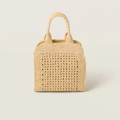 Beige/cognac Raffia-effect Crochet Fabric Tote Bag | Miu Miu