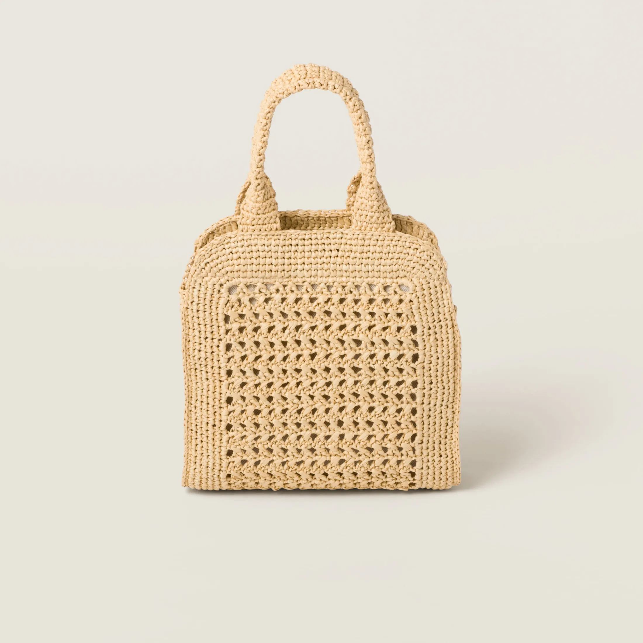 Beige/cognac Raffia-effect Crochet Fabric Tote Bag | Miu Miu