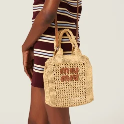 Beige/cognac Raffia-effect Crochet Fabric Tote Bag | Miu Miu