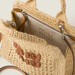 Beige/cognac Raffia-effect Crochet Fabric Tote Bag | Miu Miu
