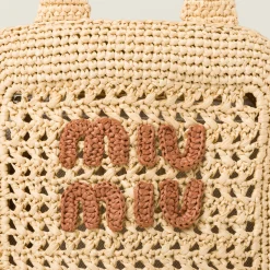 Beige/cognac Raffia-effect Crochet Fabric Tote Bag | Miu Miu