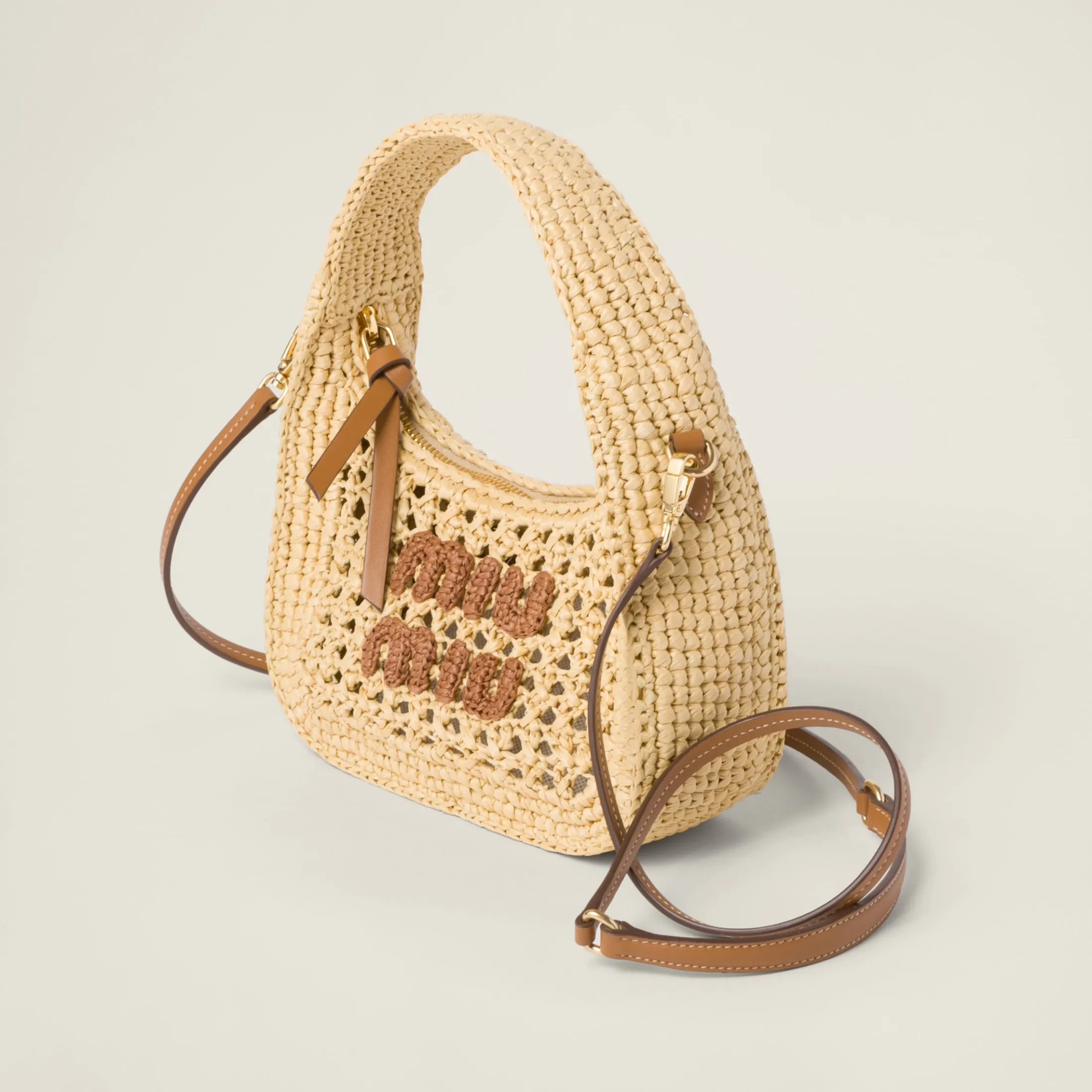 Beige/cognac Wander Woven Fabric Hobo Bag | Miu Miu