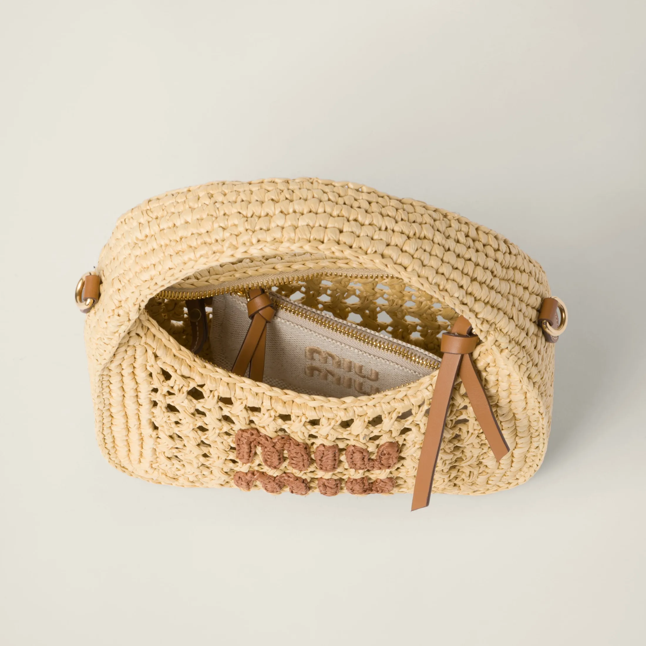 Beige/cognac Wander Woven Fabric Hobo Bag | Miu Miu