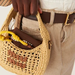 Beige/cognac Wander Woven Fabric Hobo Bag | Miu Miu
