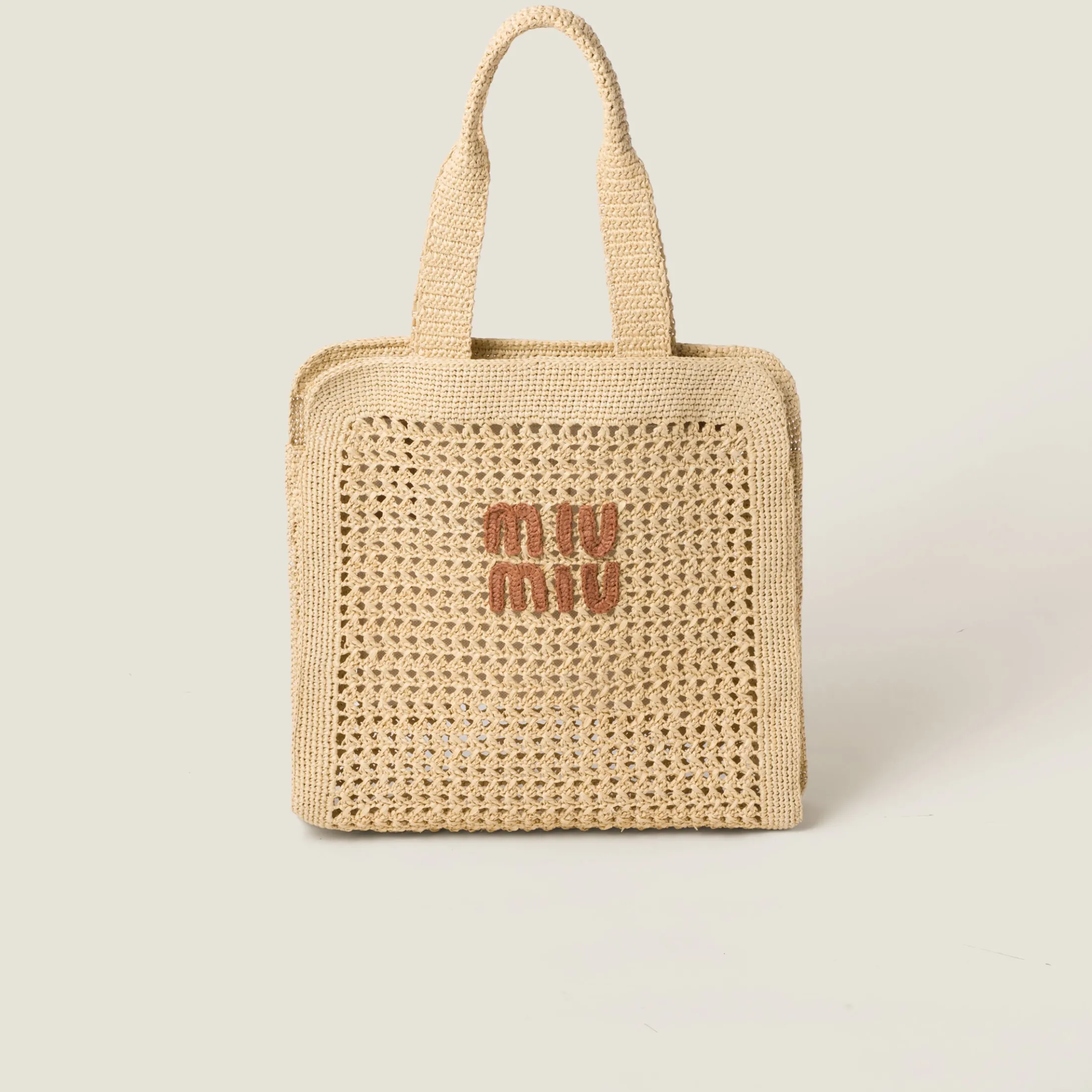 Beige/cognac Woven Fabric Tote Bag | Miu Miu