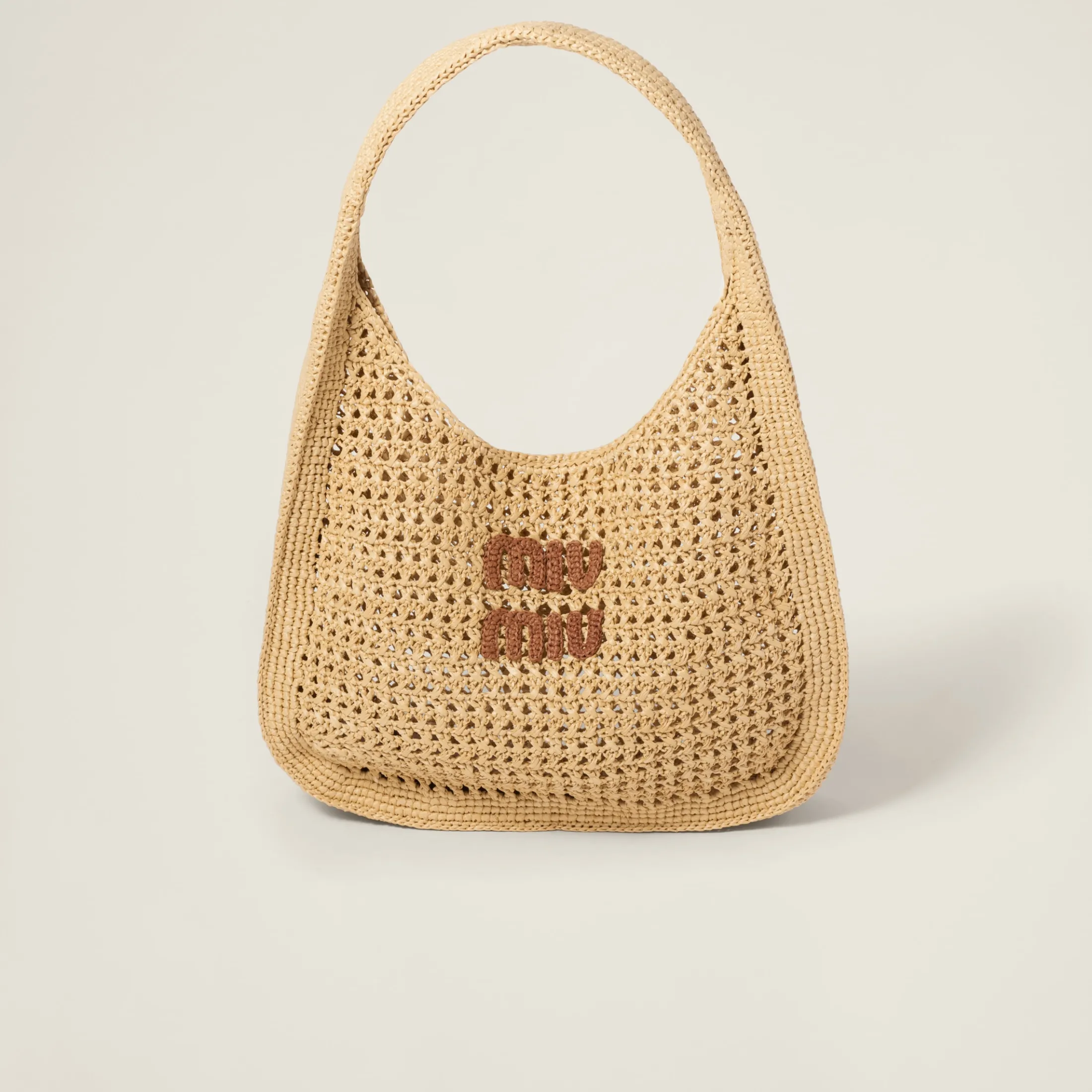 Beige/cognac Woven Fabric Hobo Bag | Miu Miu