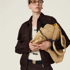 Beige/cognac Woven Fabric Tote Bag | Miu Miu