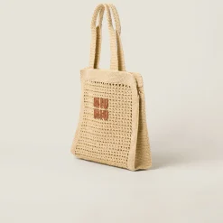 Beige/cognac Woven Fabric Tote Bag | Miu Miu