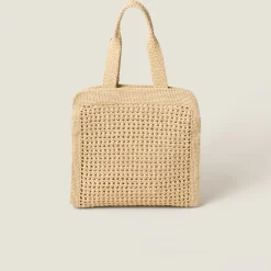 Beige/cognac Woven Fabric Tote Bag | Miu Miu