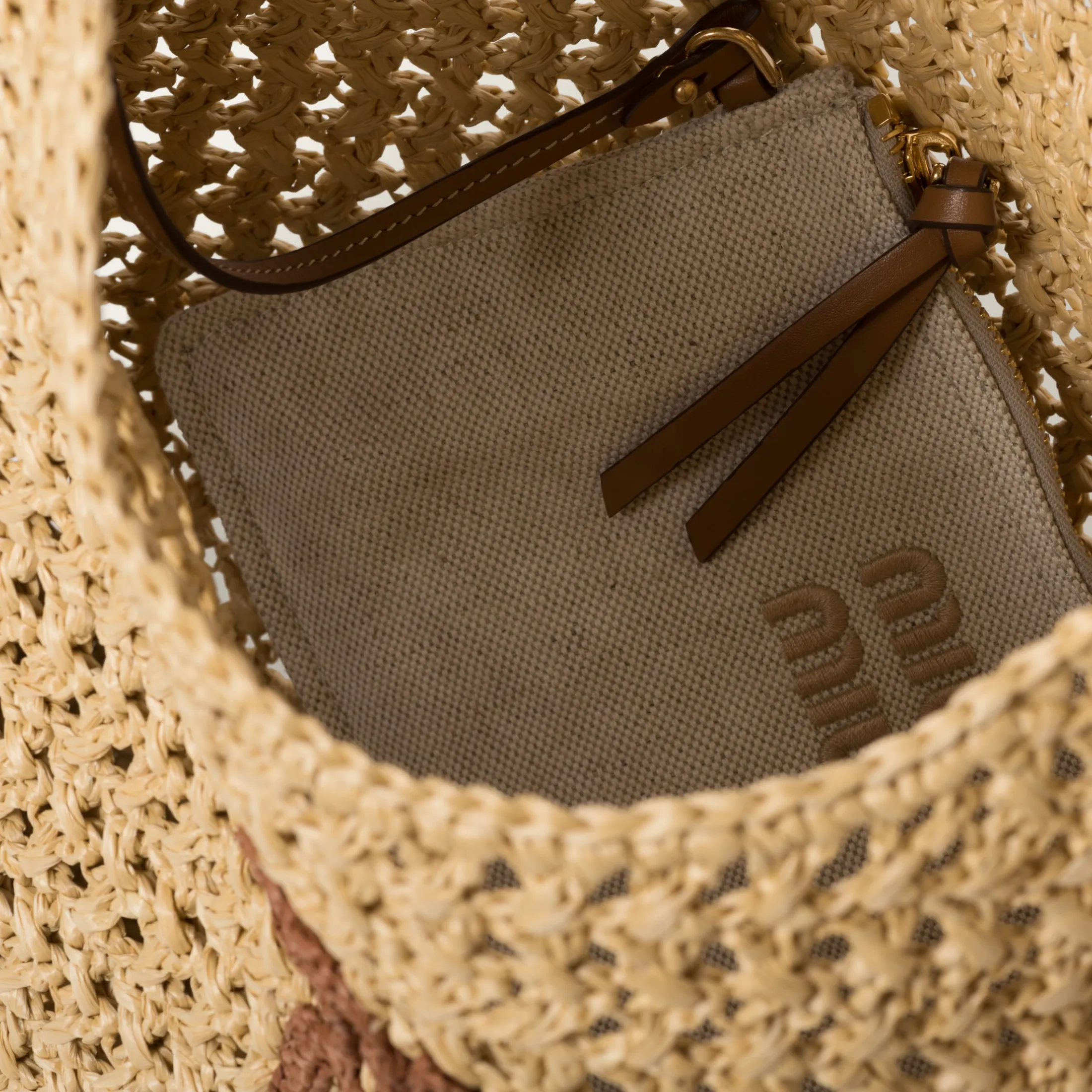 Beige/cognac Woven Fabric Hobo Bag | Miu Miu