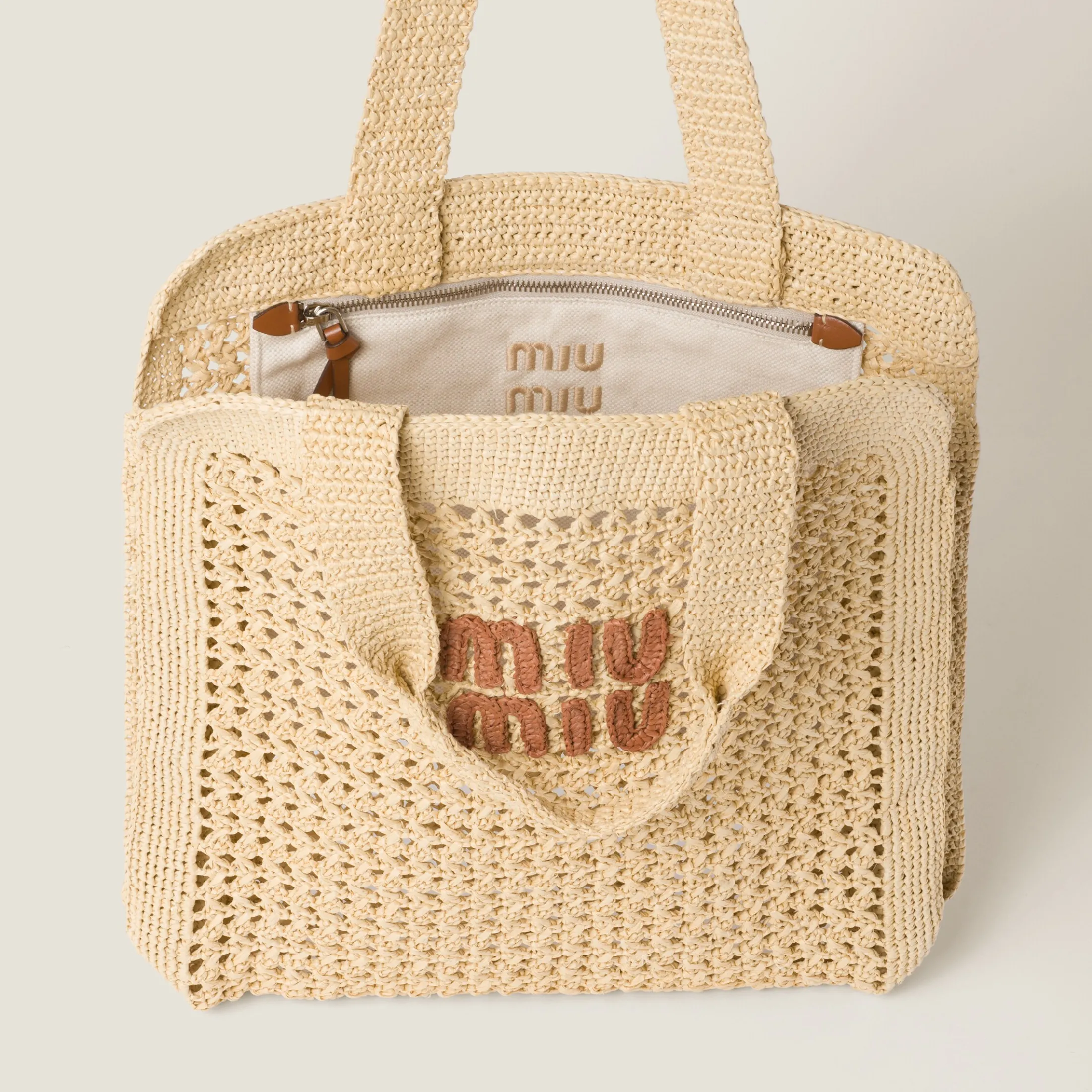 Beige/cognac Woven Fabric Tote Bag | Miu Miu