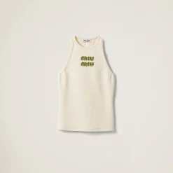 Beige+fern Green Ribbed Jersey Top With Embroidered Logo | Miu Miu