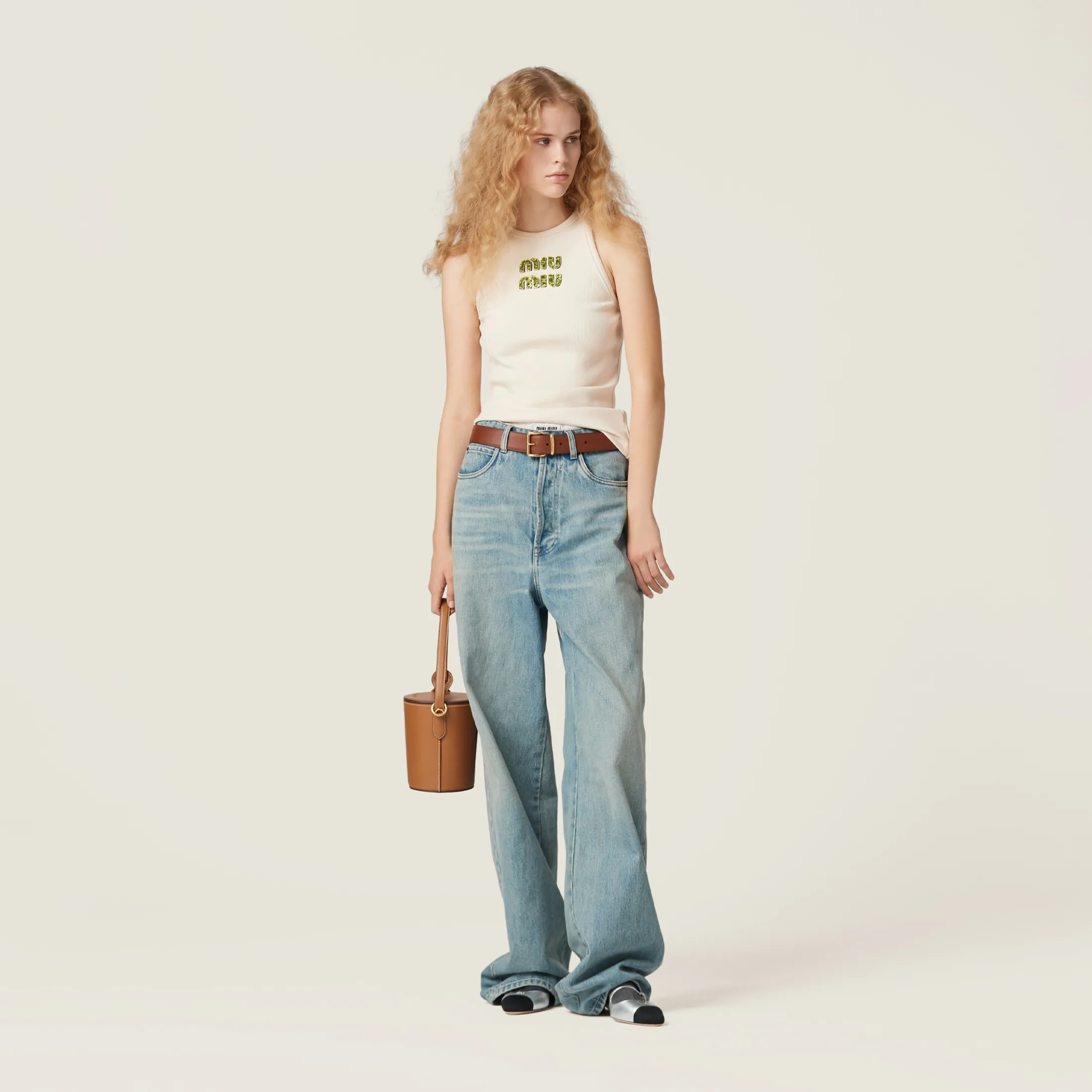 Beige+fern Green Ribbed Jersey Top With Embroidered Logo | Miu Miu